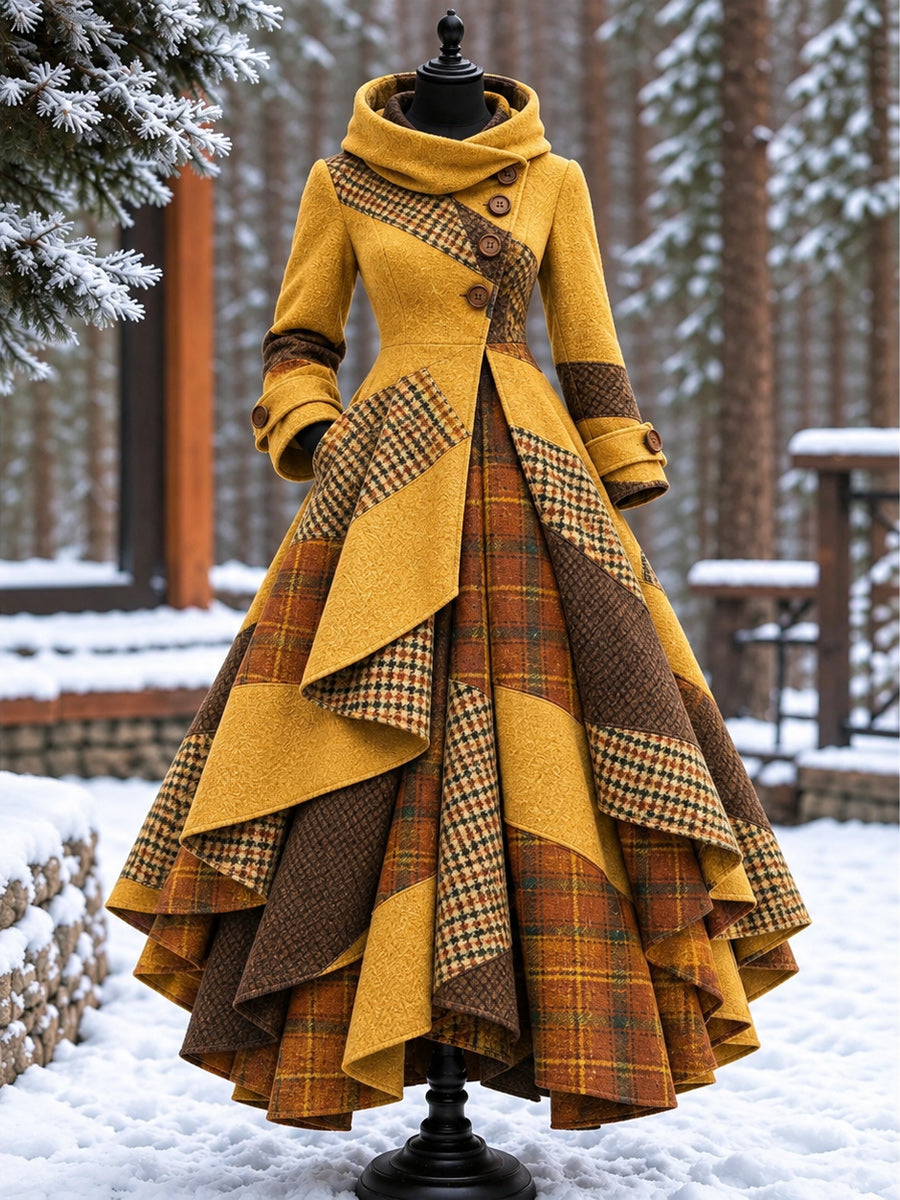 Women’s Vintage High-Collar Asymmetrical Double-Layer Hem Long Maxi Coat